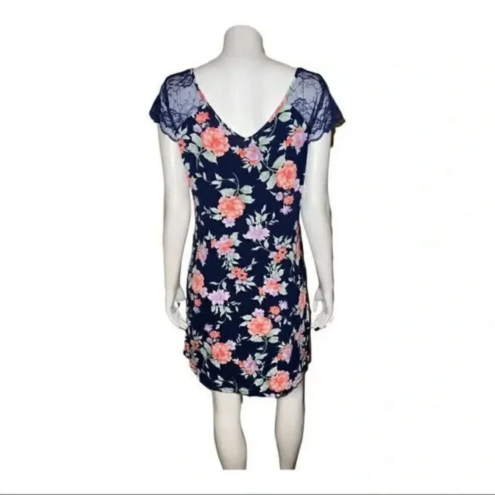 Charter Club Blue Blossoms Lace-Sleeve Chemise Nightgown Extra Small NWT